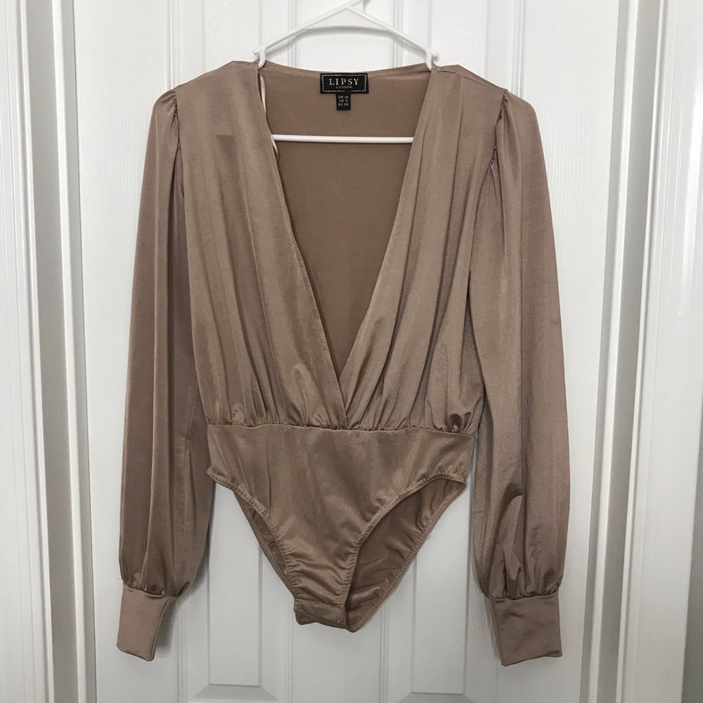 Lipsy Tan Deep V-Neck Blouse